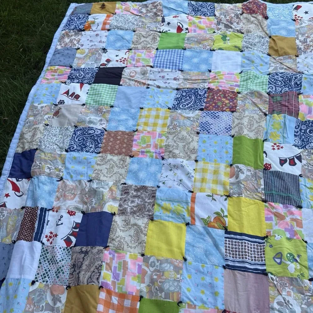 Vintage Handmade Patchwork Tied Quilt Blanket Multicolor 84x70 Throw Floral Blue